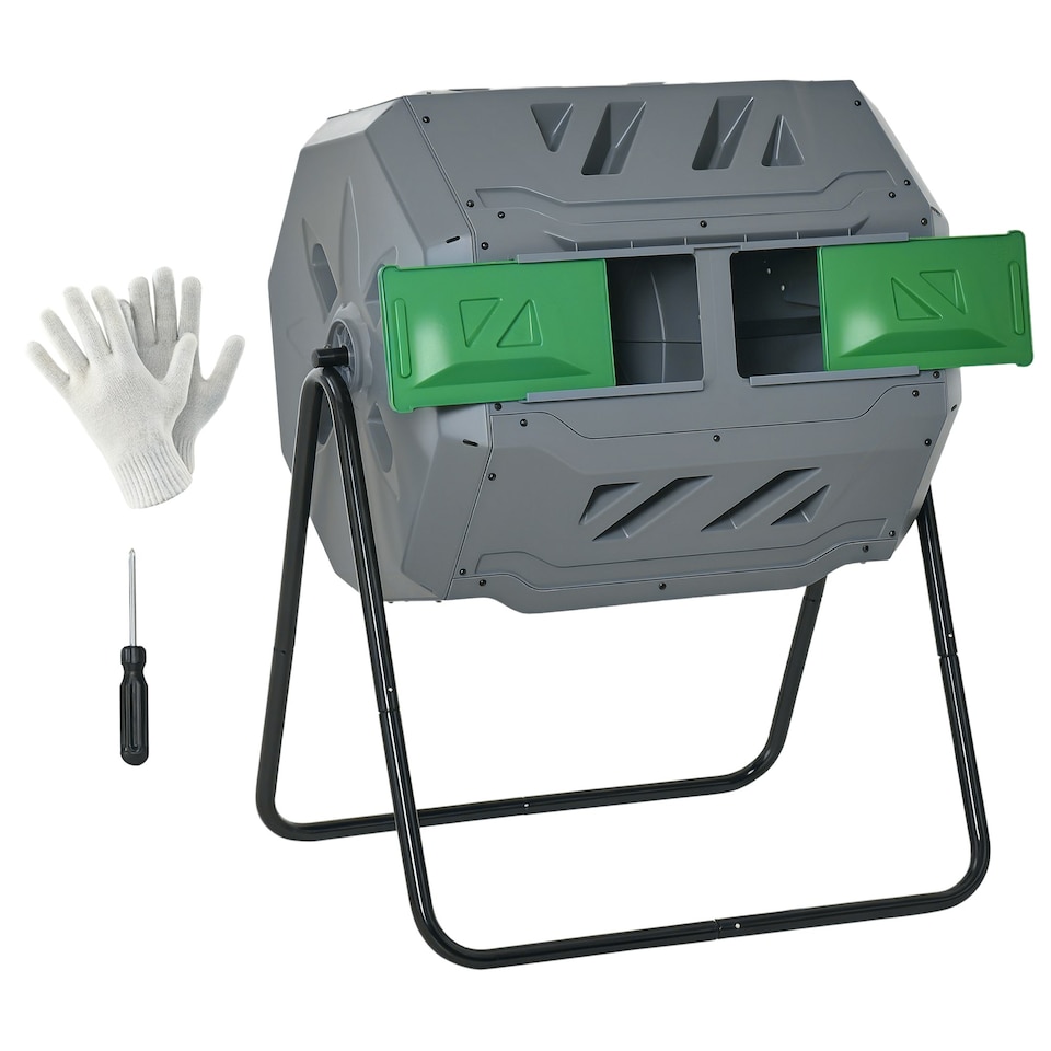 image 1 of Outsunny 160L Outdoor Tumbling Compost Bin with Dual Chamber, Grey