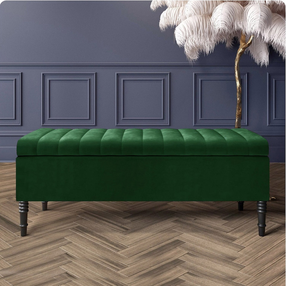 image 1 of 137cm Paris Striped Ottoman Storage Bench- Plush Velvet Shoe Bench - Forest Green Upholstery Footstool with Storage