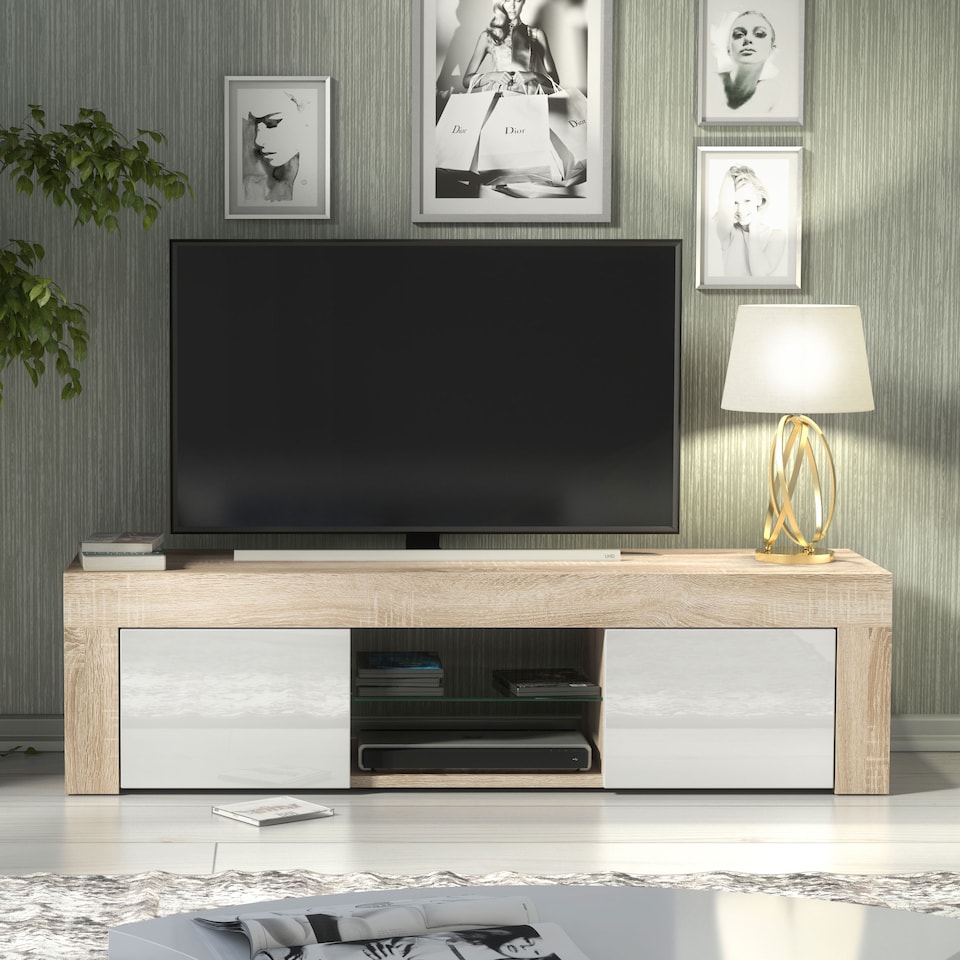 image 1 of TV Unit TV Stand Cabinet Sideboard Oak White High Gloss Storage 130cm