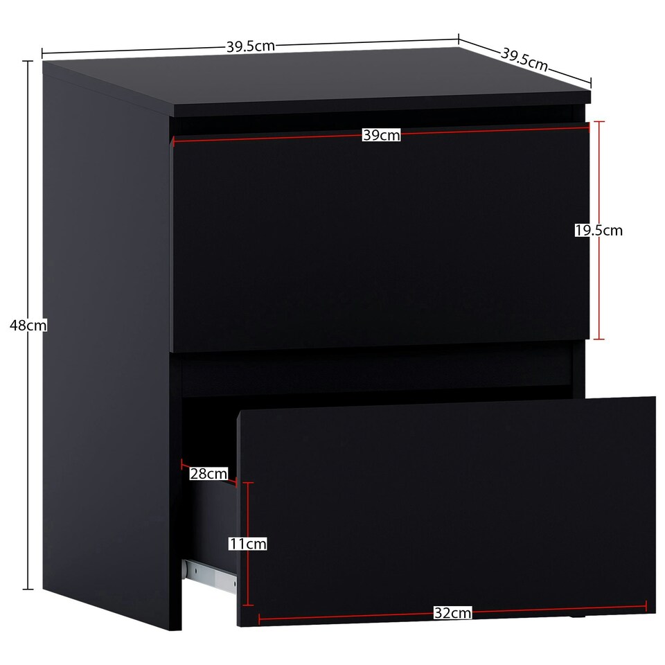 image 1 of Vida Designs Denver 2 Drawer Large Bedside Chest Cabinet Table Nightstand, Black