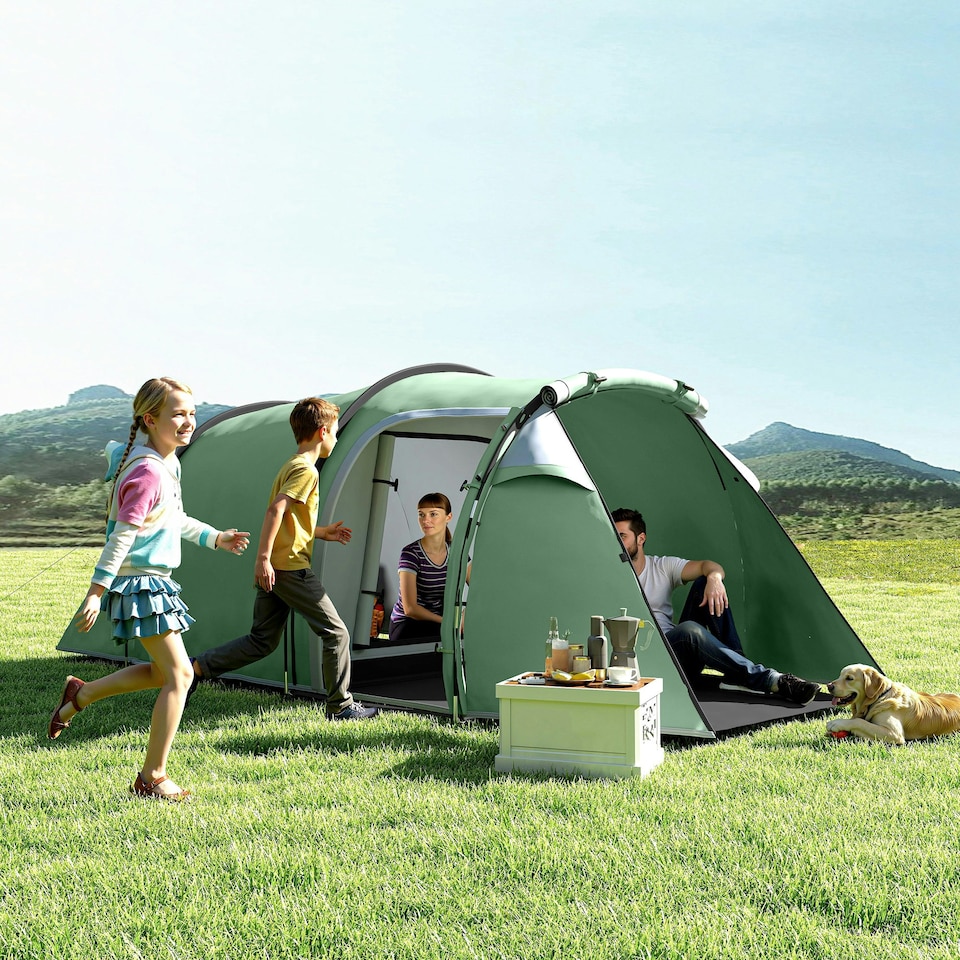 image 1 of Outsunny 3 Man Camping Tent with Porch and Weather-Resistant Rainfly, Green