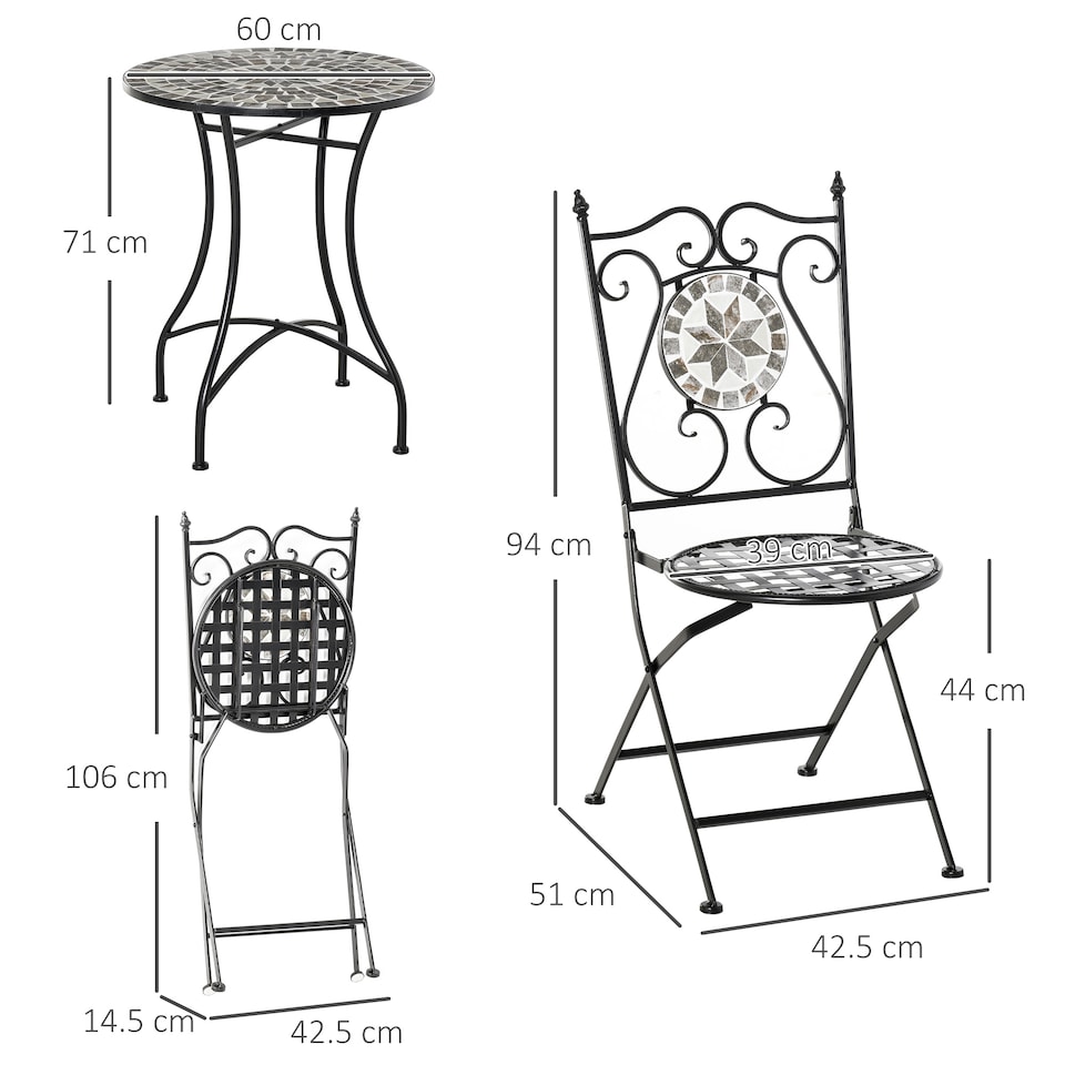 image 1 of Outsunny 3 Pcs Mosaic Tile Garden Bistro Set Outdoor w/ Table 2 Chairs