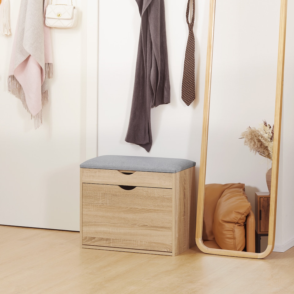 image 1 of HOMCOM Entryway Shoe Bench with Cushion Storage Cabinet for Living Room Natural