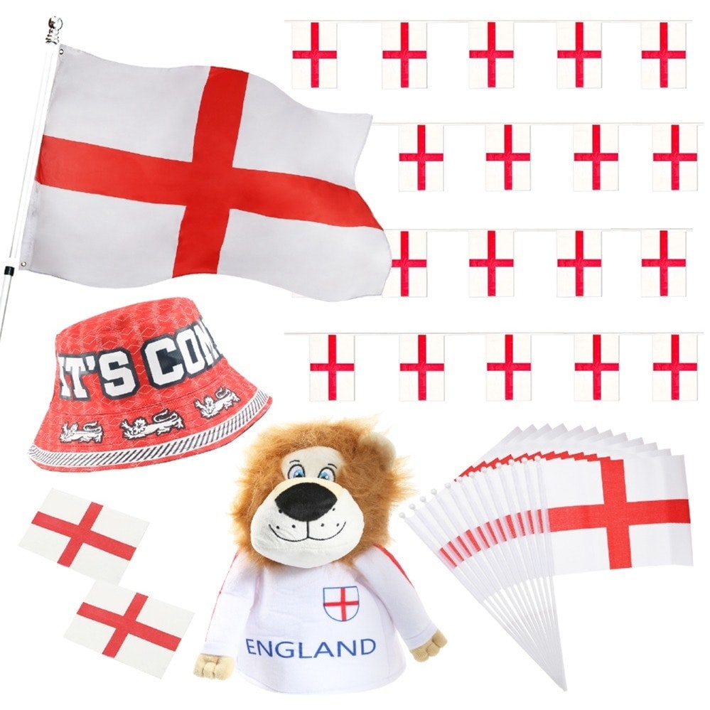 Pack of 1 England Set -Flag, Bunting, Hat, Tattoo, Hat & Waving Flag Red One Size
