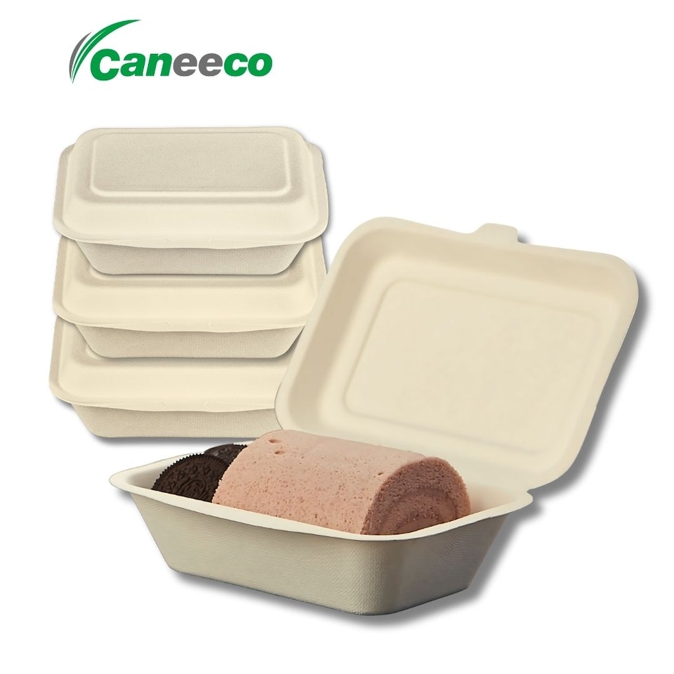 image 1 of Bagasse Sugarcane Takeaway Boxes 7x5 Clamshell Containers, PFAS Free, TUV Home Compostable Certified Food Boxes for Hot & Cold Meals, Restaurants, Parties & Catering