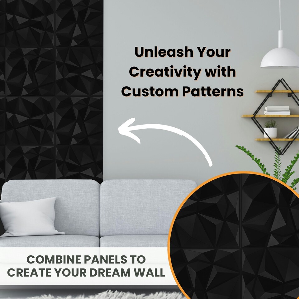 image 1 of NOVECRAFTO Geometric Diamond 3D Wall Panels – 6 Sheets Covering 1.5 sqm (16.15 sqft) – Matte PVC Cladding Panels 50x50cm Diamond Design Black