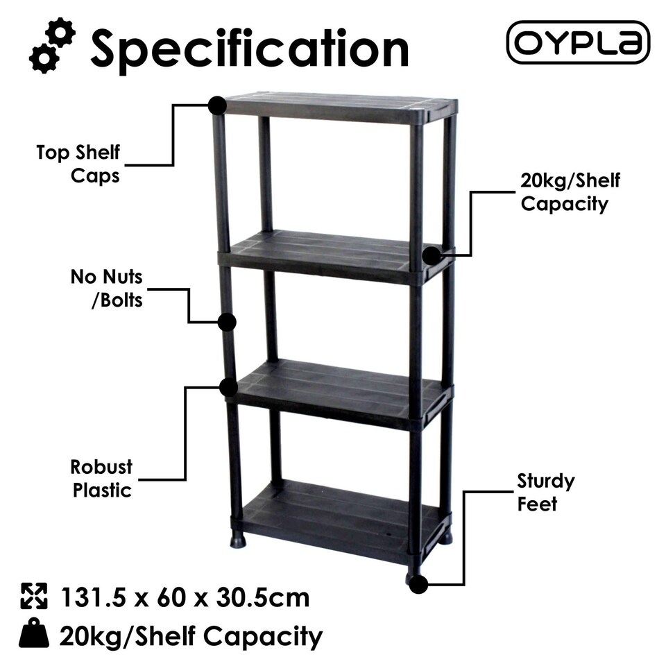 image 1 of 4 Tier Black Plastic Heavy Duty Shelving Racking Storage Unit