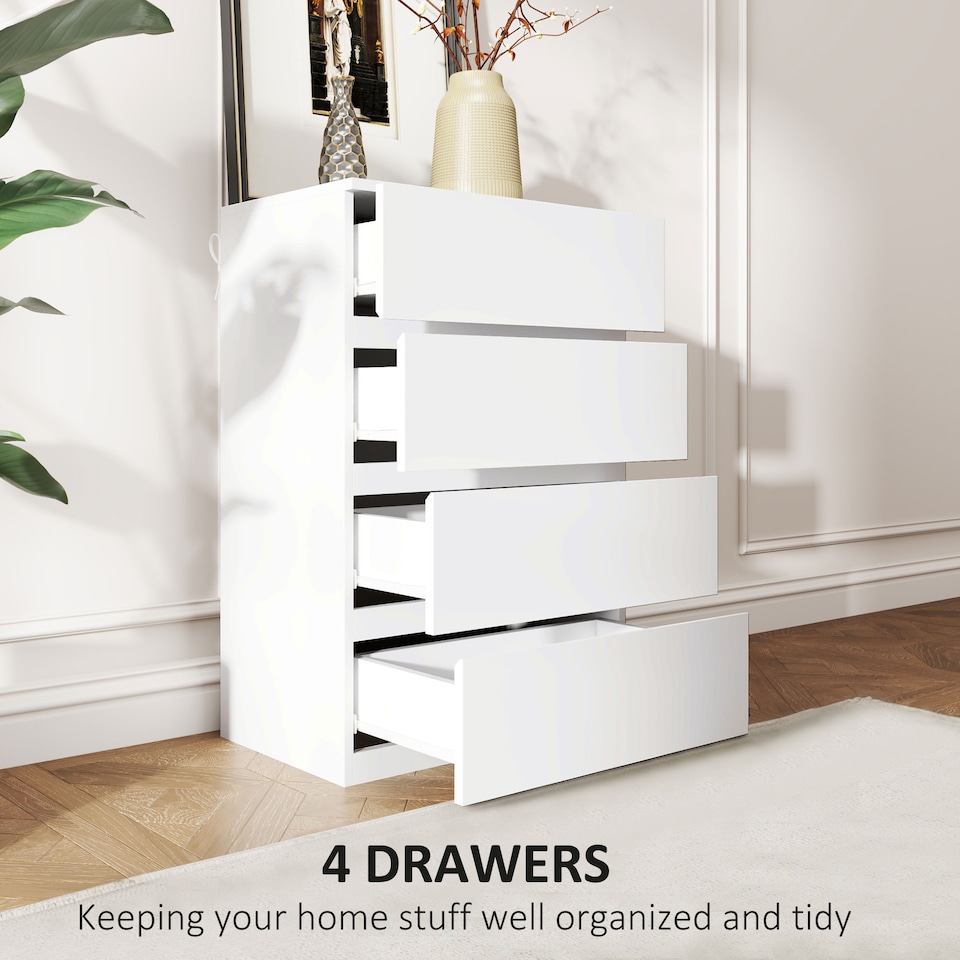 image 1 of HOMCOM Chest of Drawers, 4 Drawers Storage Cabinet Floor Tower Cupboard for Bedroom Living Room, White