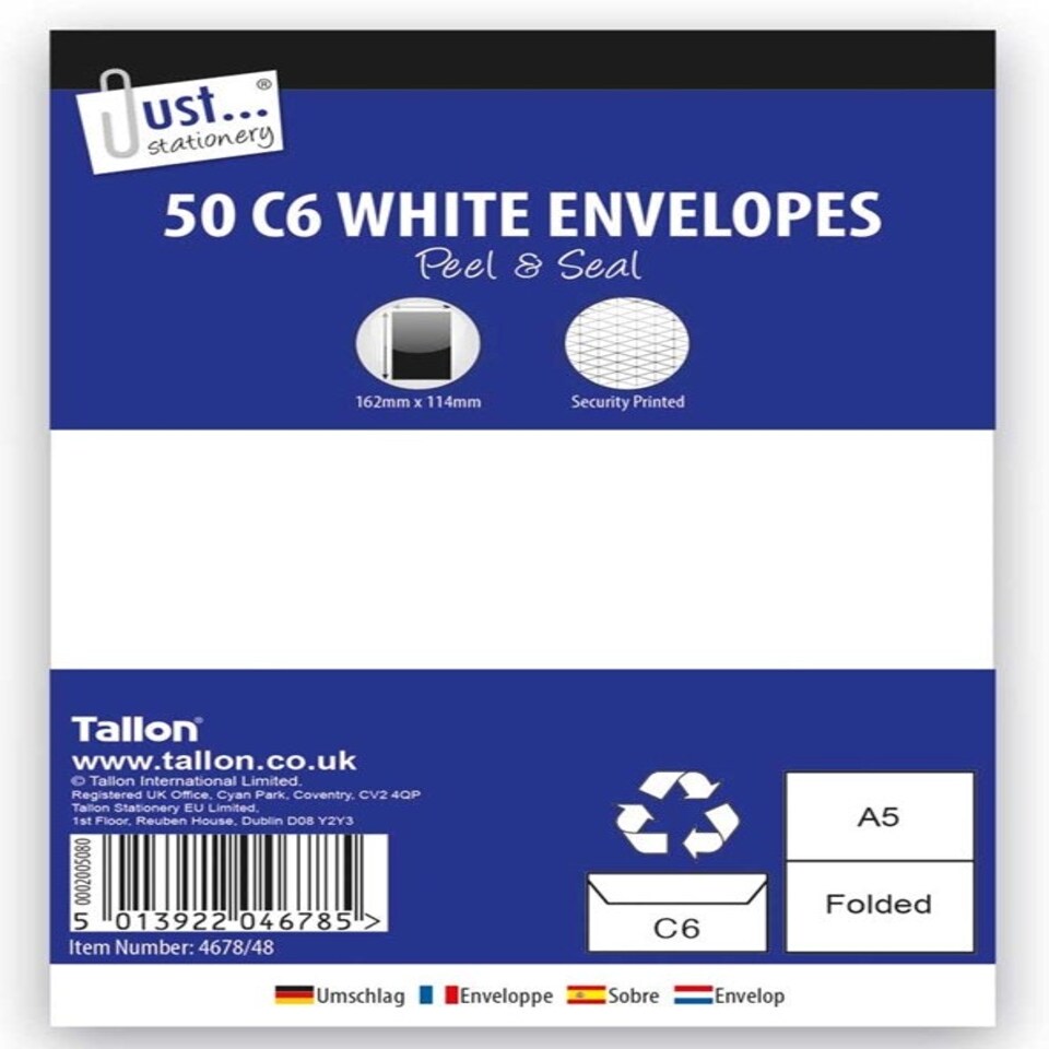 Tallon Just Stationery C6 Peel & Seal Envelopes - White (Pack of 50)