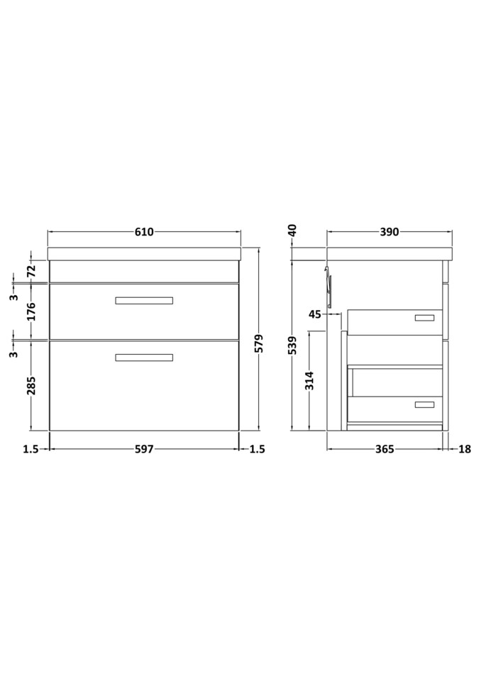 image 1 of Balterley Rio 2 Drawer Wall Hung Vanity Basin Unit - with Square D-shaped handles (Tap Not Included) - Balterley | Grey | Gloss Grey