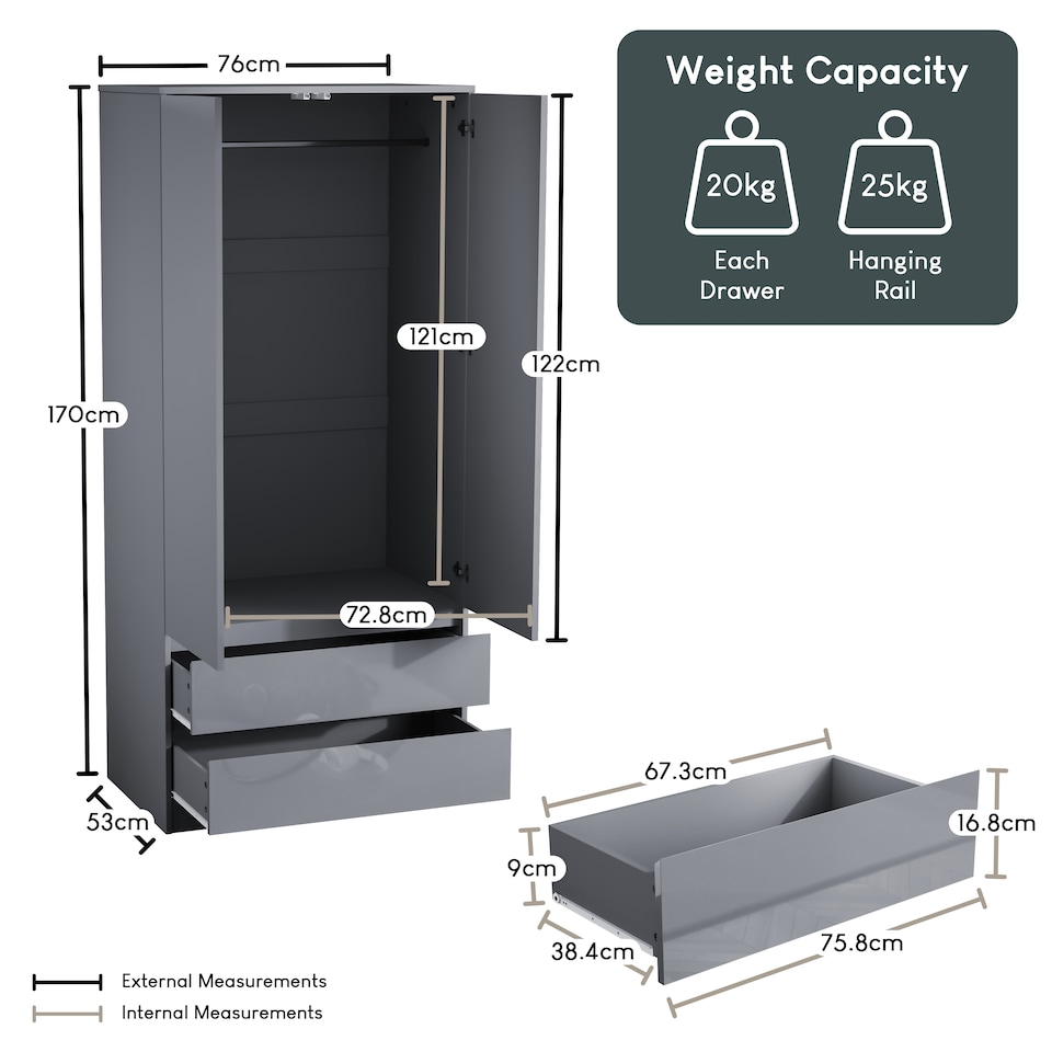 image 1 of Vida Designs Glinton 2 Door 2 Drawer Wardrobe With Clothes Rail, Grey