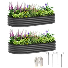 Outsunny Set of 2 Raised Beds for Garden with Metal Plant Stakes, Dark Grey 