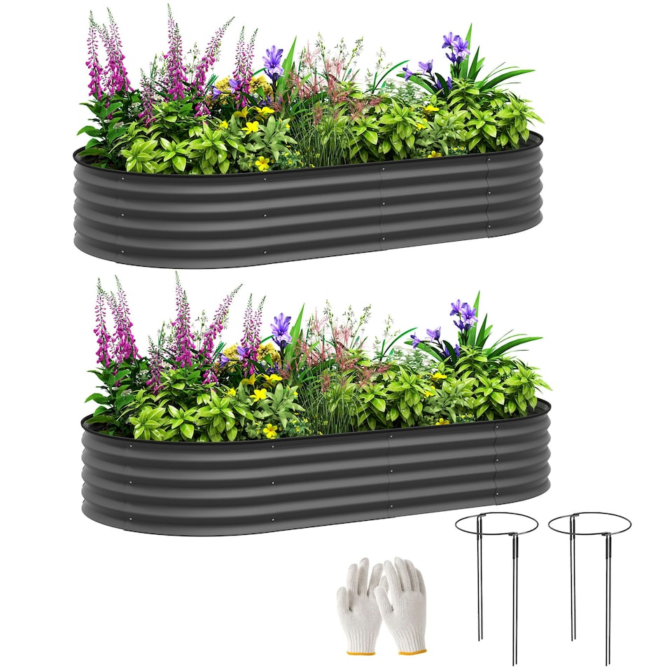 image 1 of Outsunny Set of 2 Raised Beds for Garden with Metal Plant Stakes, Dark Grey 
