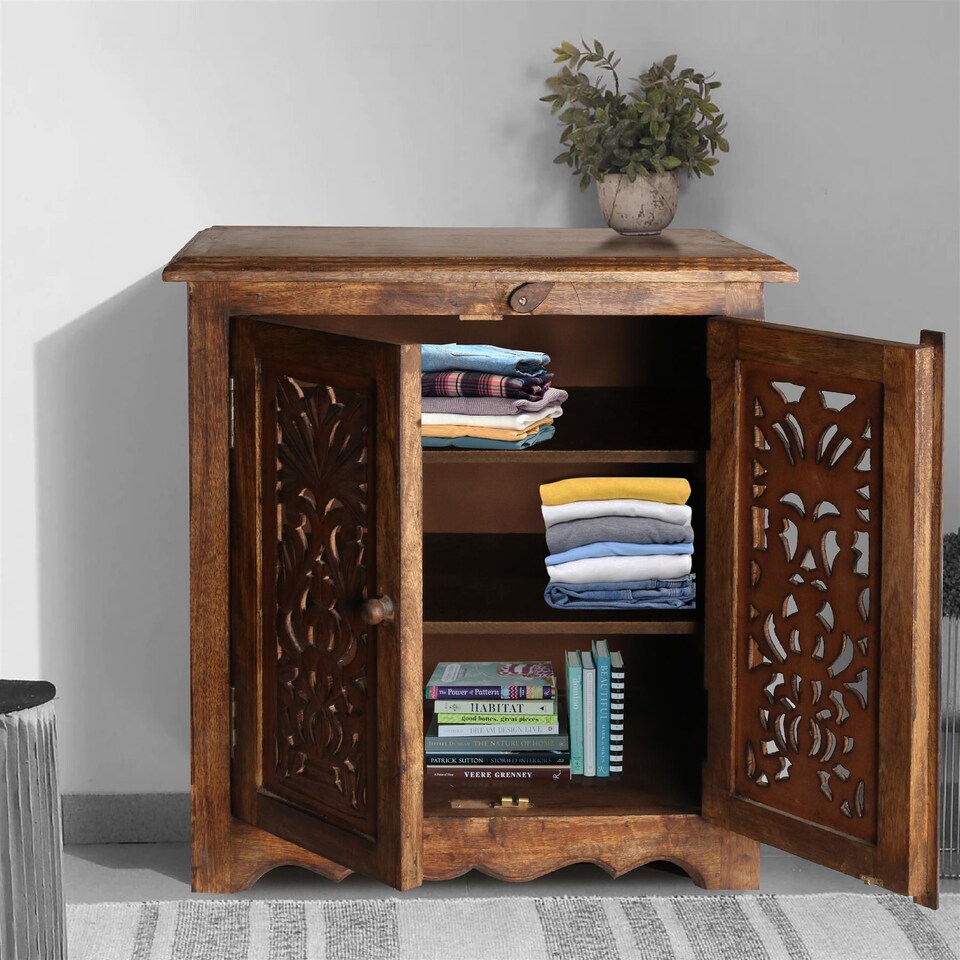 image 1 of Natural Hand Made Indian Mango Wood Shoe Cupboard Storage Unit Cabinet Light Brown 59 x 36.5 x 61 cm | Brown | Light Brown