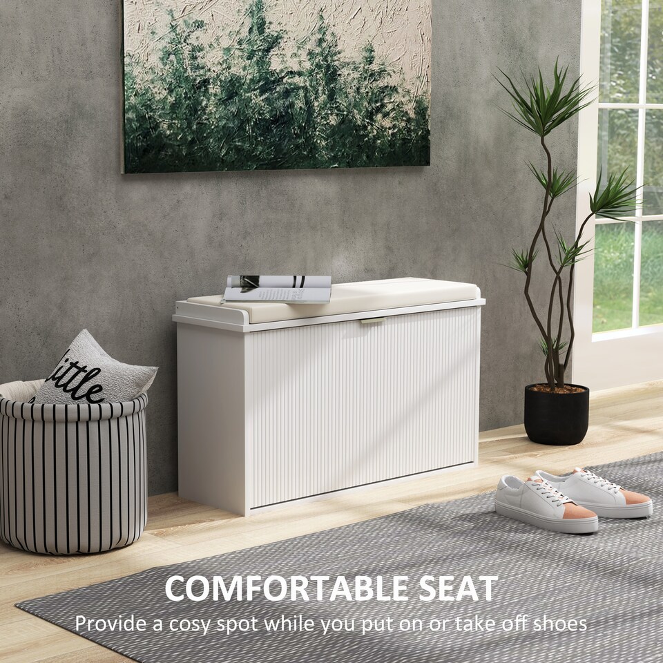 image 1 of HOMCOM Shoe Bench with Padded Seat Cushion and Flip-Drawer, Shoe Cabinet Holds up to 120kg for Hallway, Entryway and Porch, 80x26x47.5cm, White | White | White