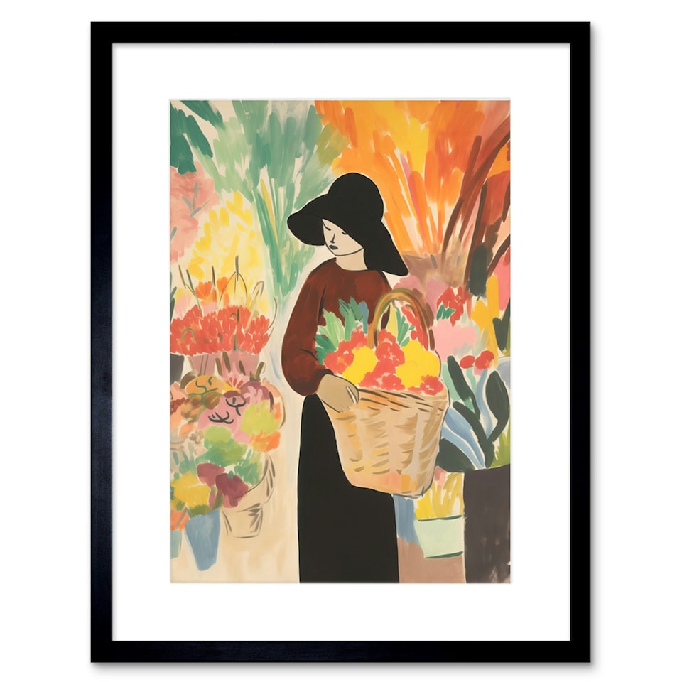 image 1 of Flower Market Danish Pastel Aesthetic Watercolour 9x7" Black Framed Wall Art Print