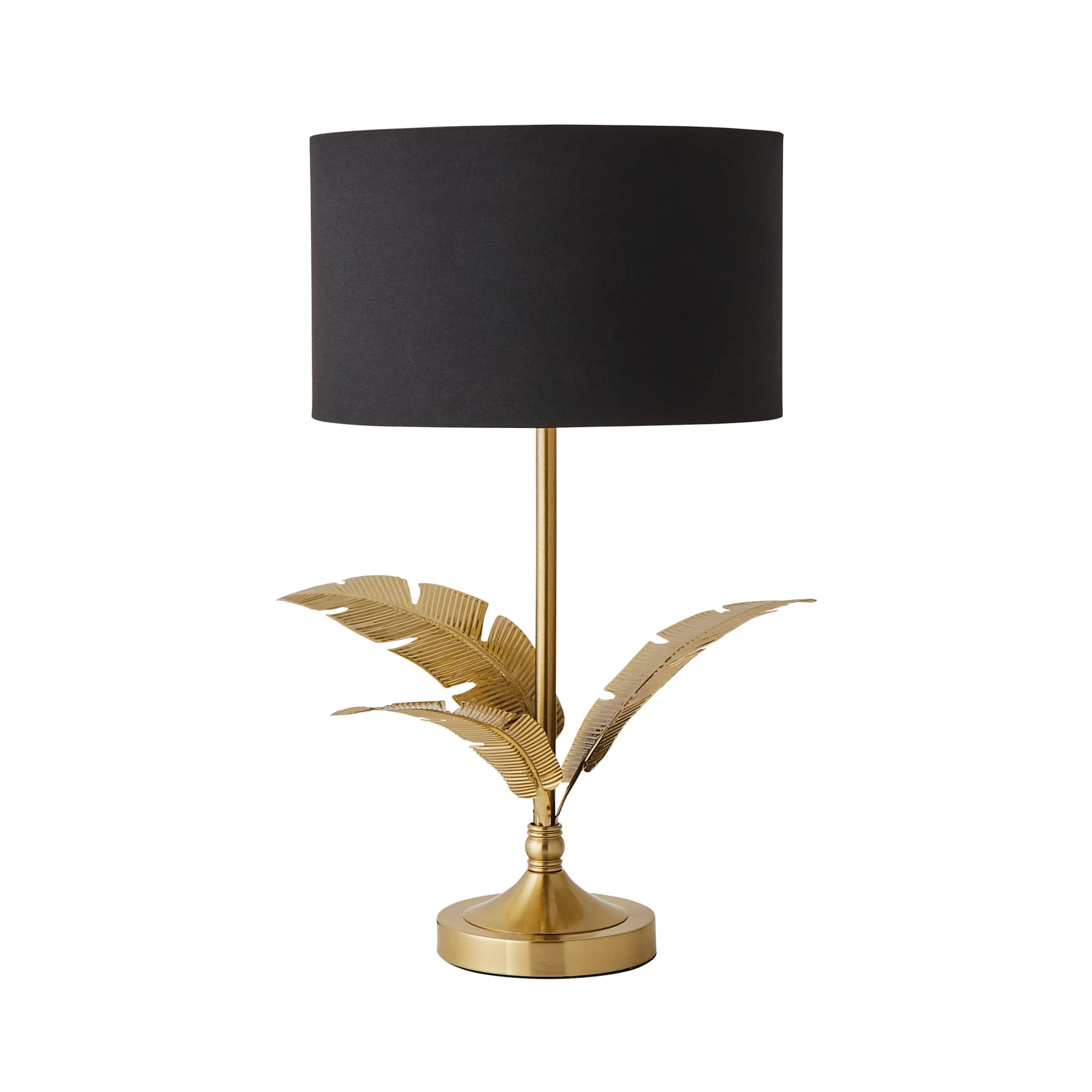 ValueLights Christina Fabric with Metallic Gold Inner Drum Shade Gold Palm Leaf Table Lamp in Black