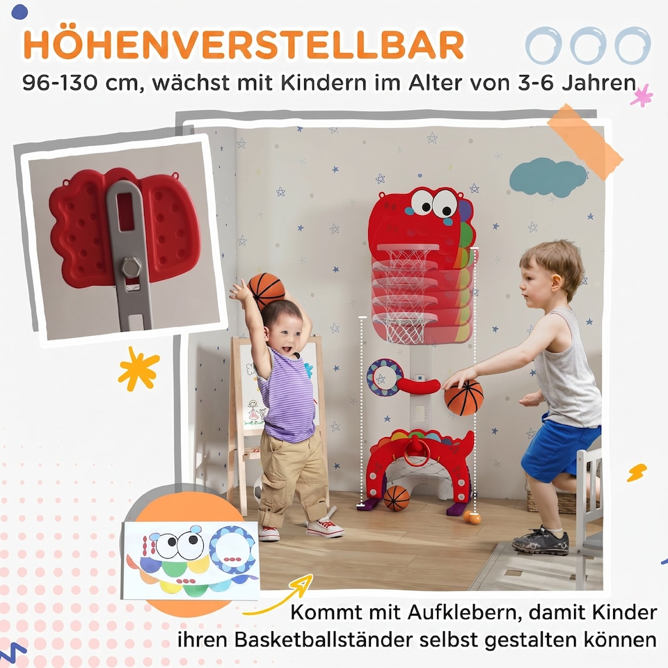 image 1 of AIYAPLAY 5-in-1 Basketball Set with Adjustable 96-130 cm Height, Red