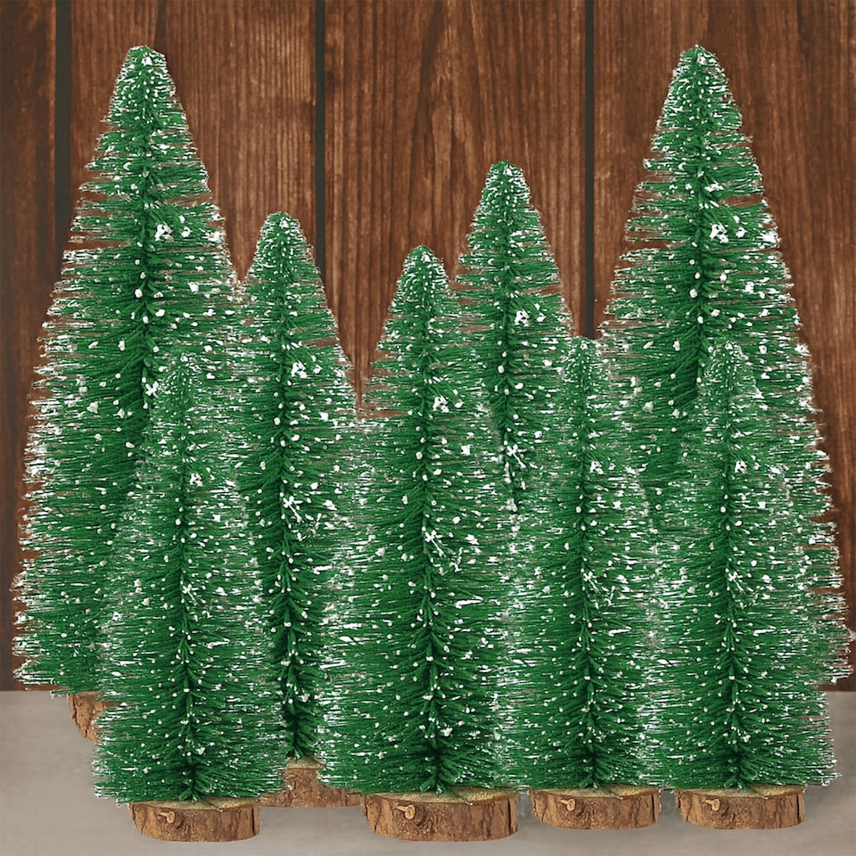 image 1 of Miniature Christmas Trees with Wooden Base for Xmas Village - 8pcs