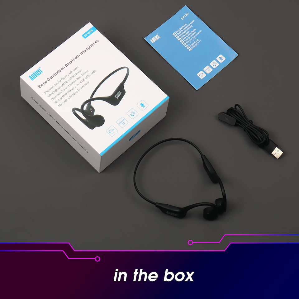 image 1 of Bone Conduction Bluetooth Wireless Headphones Open Ear Sports Earphones with Mic, Hands- Free Calls, Built-in 16GB MP3 Player - August EP400B | Black