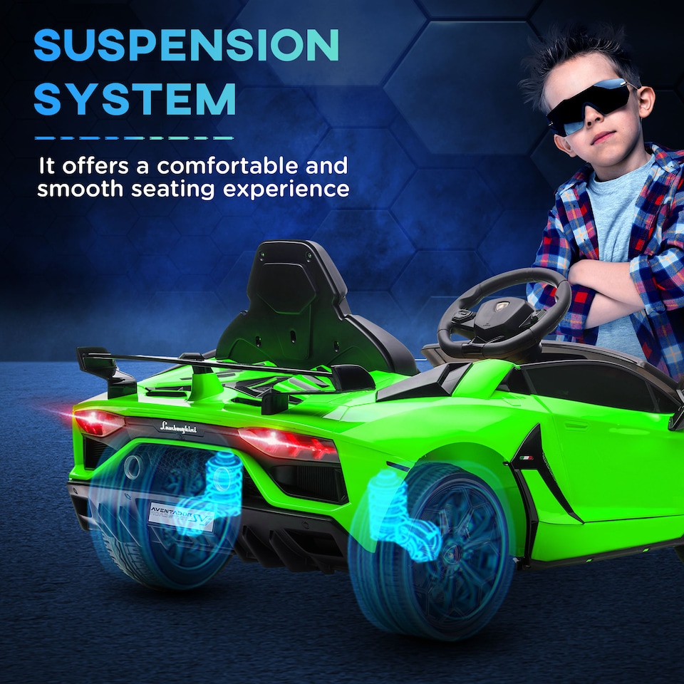 image 1 of HOMCOM Electric Car for Kids Lamborghini Aventador Licensed with Remote Control, 12V Powered Kids' Electric Ride-on with Butterfly Doors, Auxiliary wheels, Music, Horn, Suspension - Green