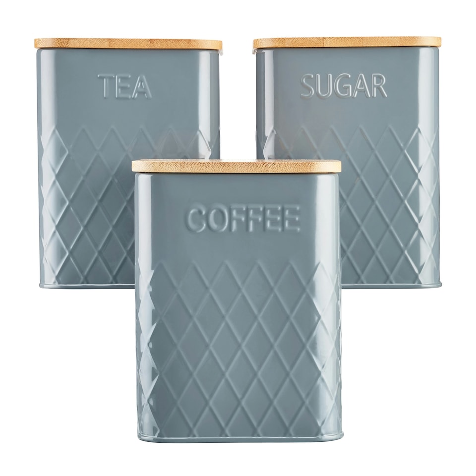 image 1 of Cooks Professional Kitchen Storage Set | 3-Piece Square with Bamboo Lids | Tea Coffee Sugar | Grey