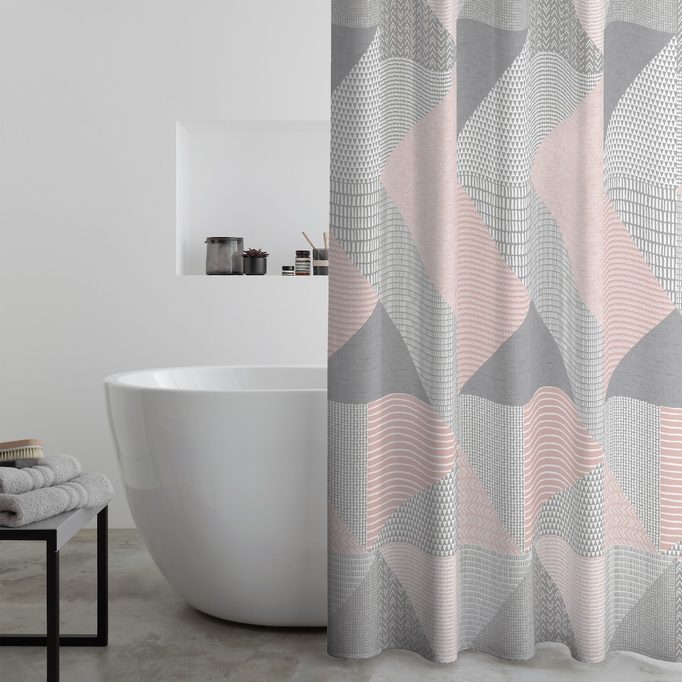 image 1 of Catherine Lansfield Larsson Geo Shower Curtain | Pink | Blush Pink | One Size