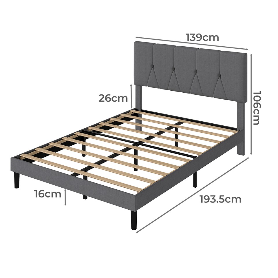 image 1 of Levede Double Bed Frame Upholstered Linen Fabric Wooden Slats with Headboard | Grey | Double | Double