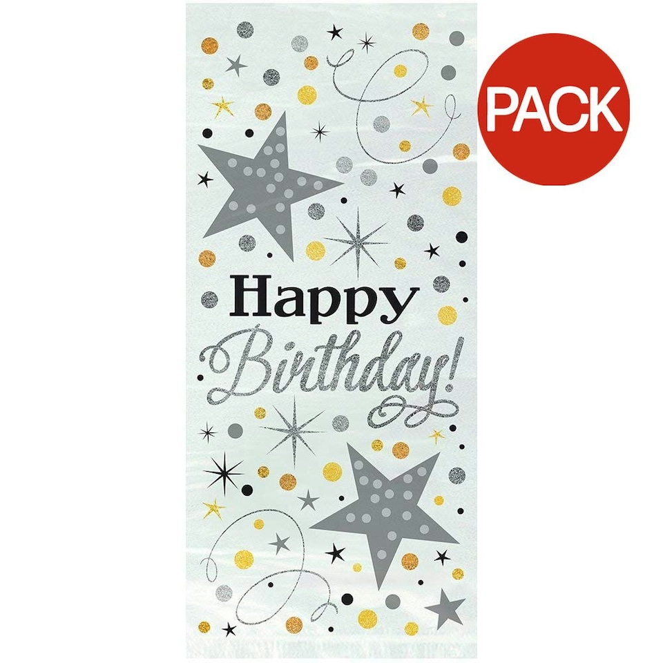 Unique Party Glitter Cellophane Happy Birthday Gift Bag (Pack of 20) - Silver - One Size