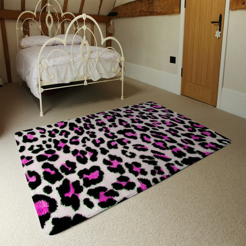 image 1 of Pink Fluffy Leopard (Rug) Pink | Large: 140x200cm