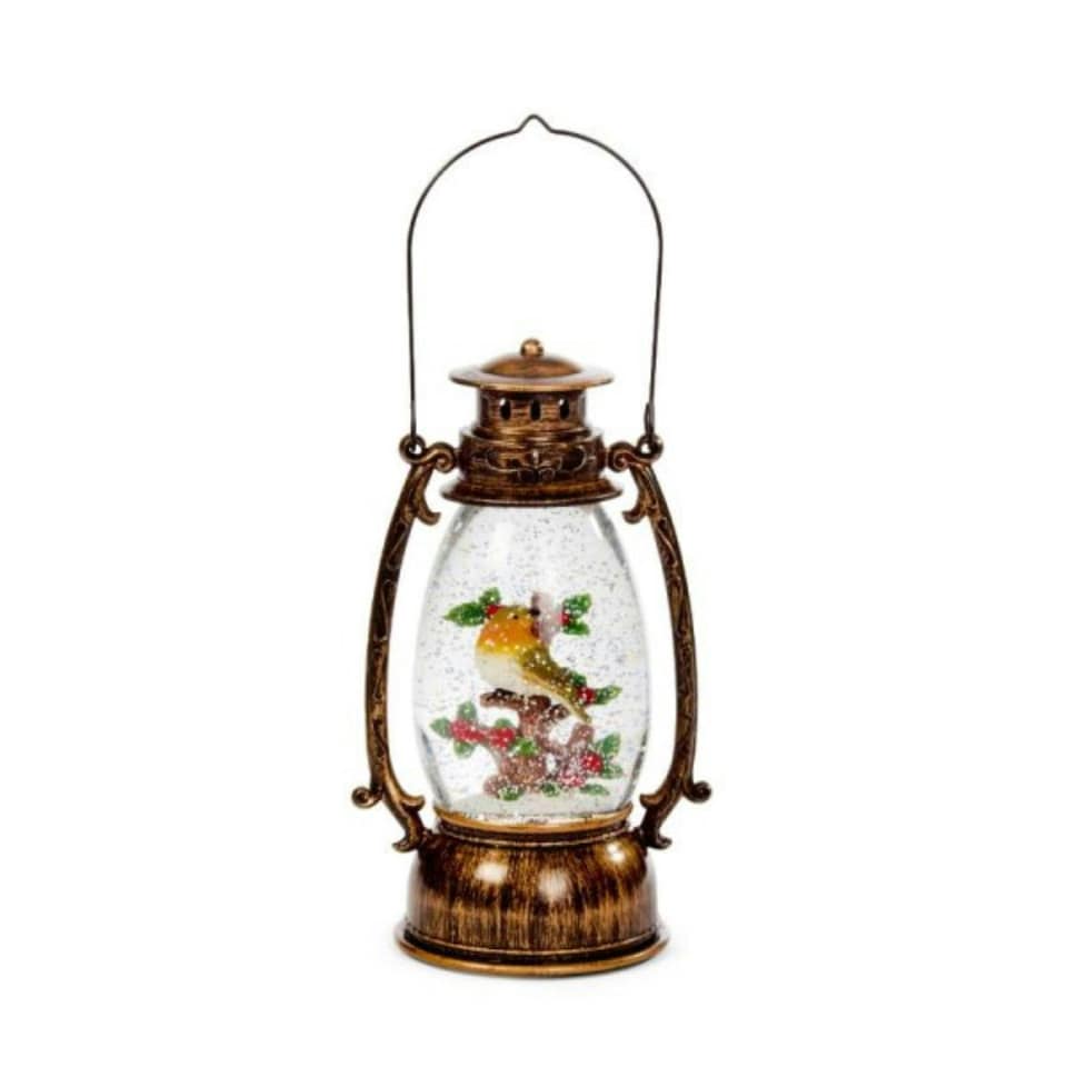 image 1 of 33cm Battery Operated Festive Robin Snow Swirling Christmas Lantern