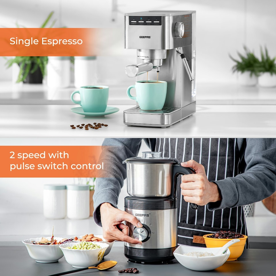 image 1 of GEEPAS 1450W Espresso & Cappuccino Coffee Machine & 450W Coffee Grinder Combo Set