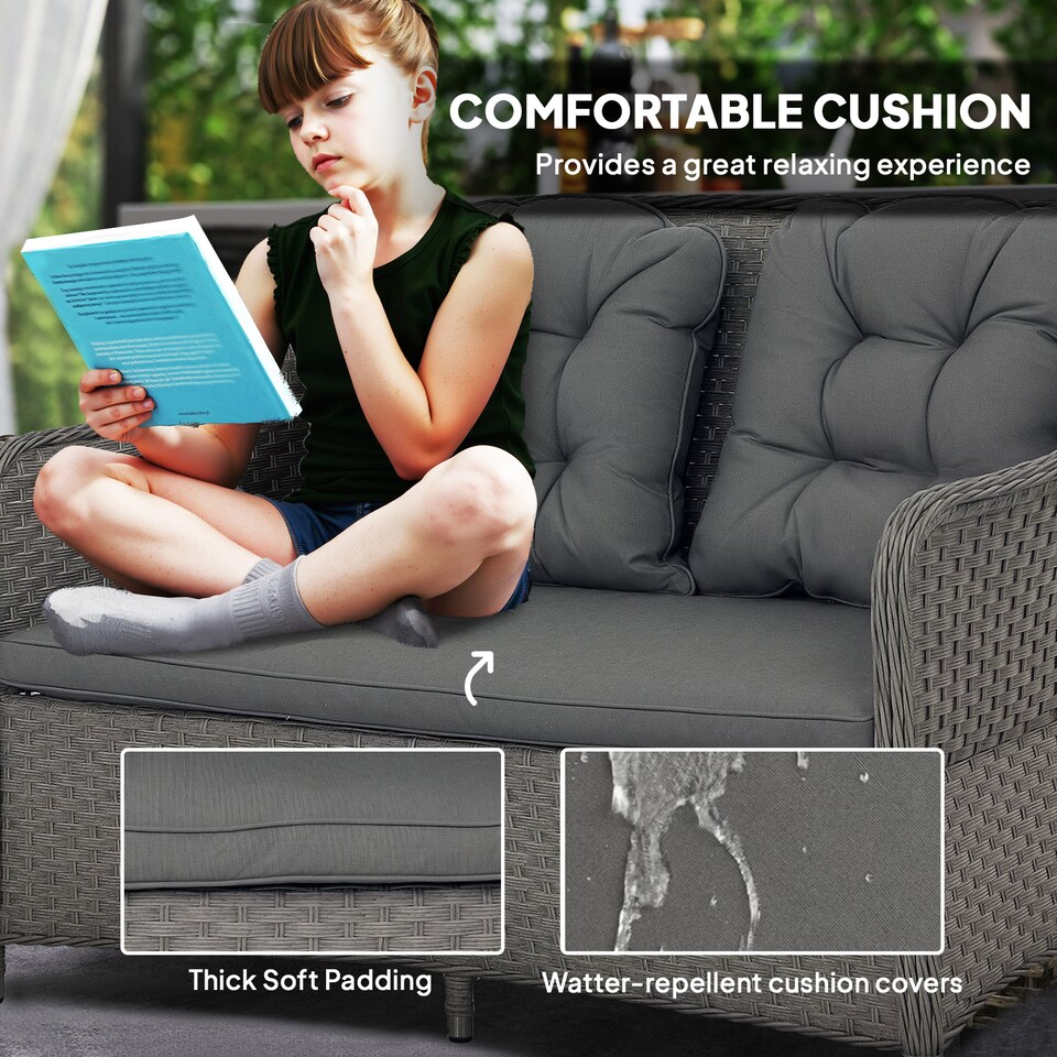 image 1 of Outsunny 4 Pieces Rattan Garden Furniture Set, Round Wicker Garden Sofa Set with Loveseat, Armchairs and Glass Top Table, Outdoor Conservatory Furniture with Cushions for Patio, Balcony, Light Grey