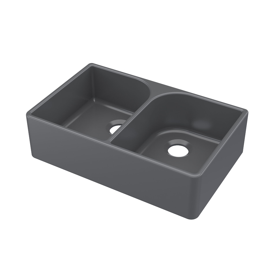 image 1 of Fireclay 2 Bowl Butler Kitchen Sink Full Weir Dark Grey 795x500mm | Grey | Soft Black | 500 x 795 x 220mm | 1