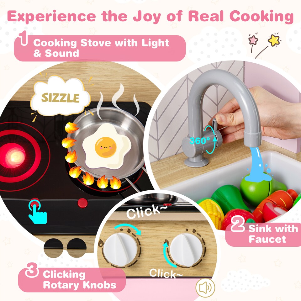 image 1 of COSTWAY Kids Kitchen Playset Pretend Play Kitchen Set with Sounds-Pink