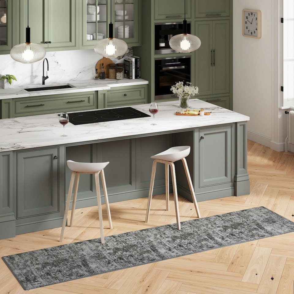 image 1 of KUKOON Silver Grey Green Distressed Abstract Non Slip Washable Low Pile Runner Rug 60cm x 240cm Green