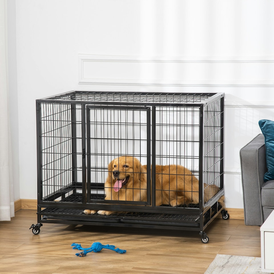 image 1 of PawHut Metal Kennel Cage with Wheels and Crate Tray for Pet Dog Large Black
