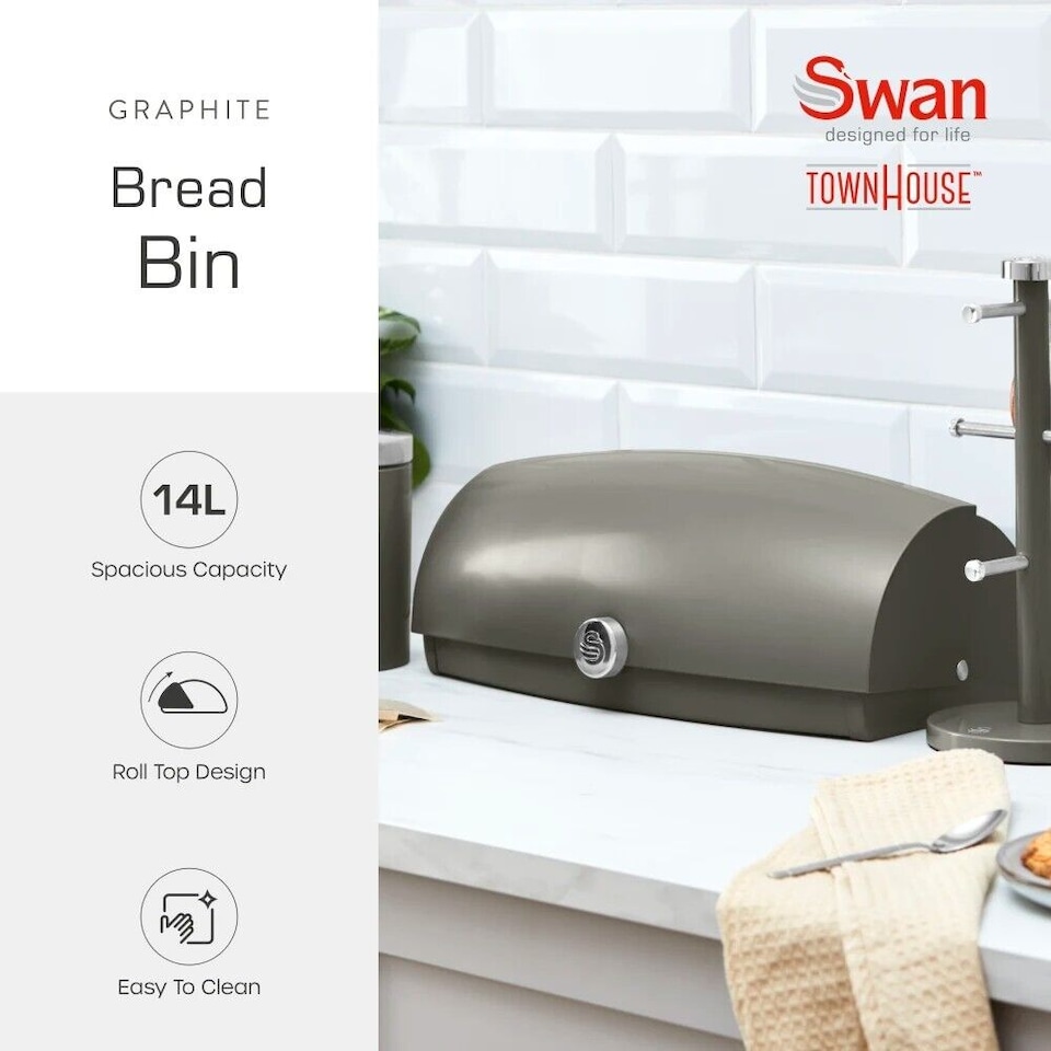 image 1 of Swan Townhouse Graphite Bread Bin & 3 Canisters Kitchen Storage Set in Grey