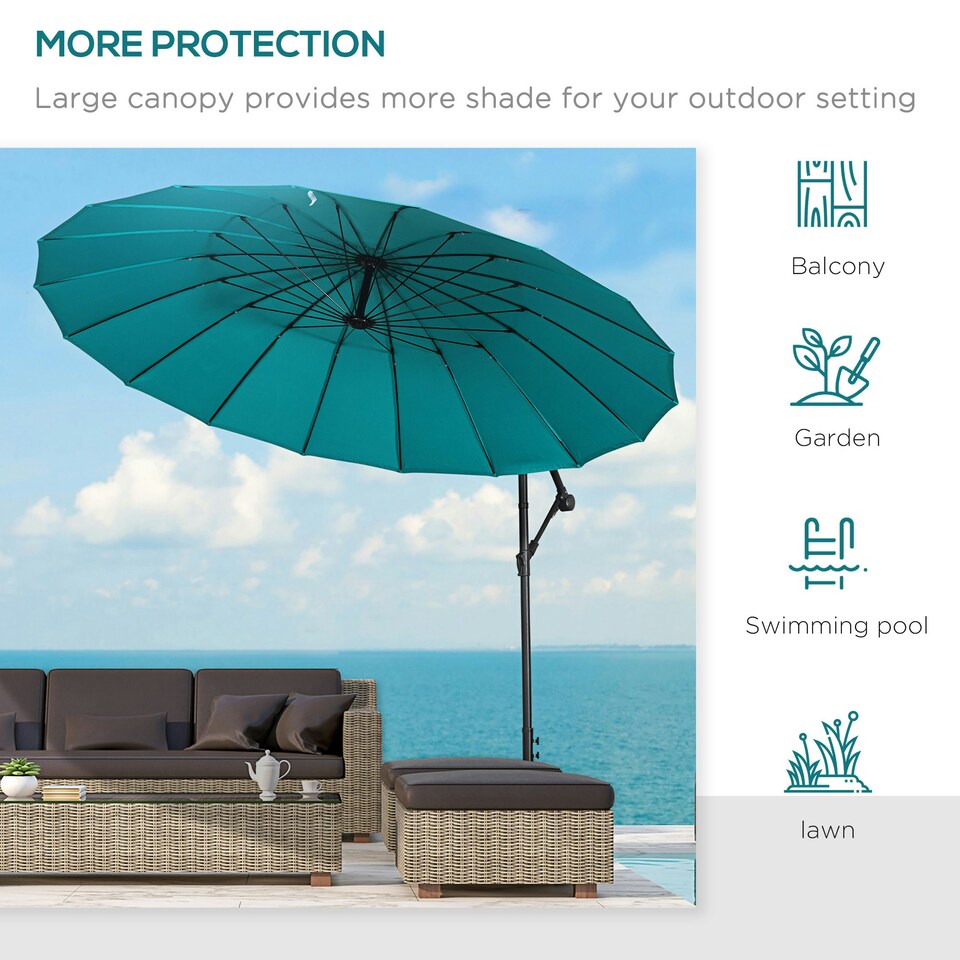 image 1 of Outsunny 3(m) Cantilever Shanghai Parasol w/ Crank Handle, Cross Base, Turquoise