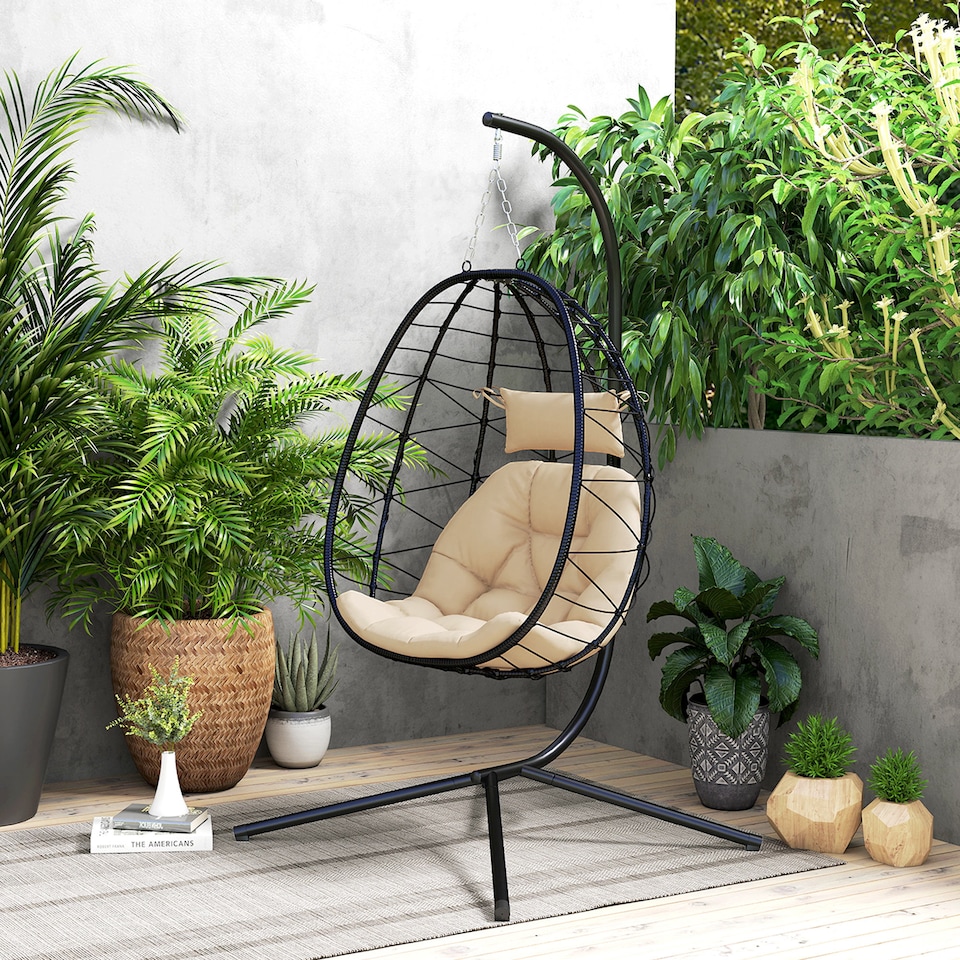 image 1 of Outsunny Garden Egg Chair Outdoor Hanging Swing Chair, Folding Basket, Khaki