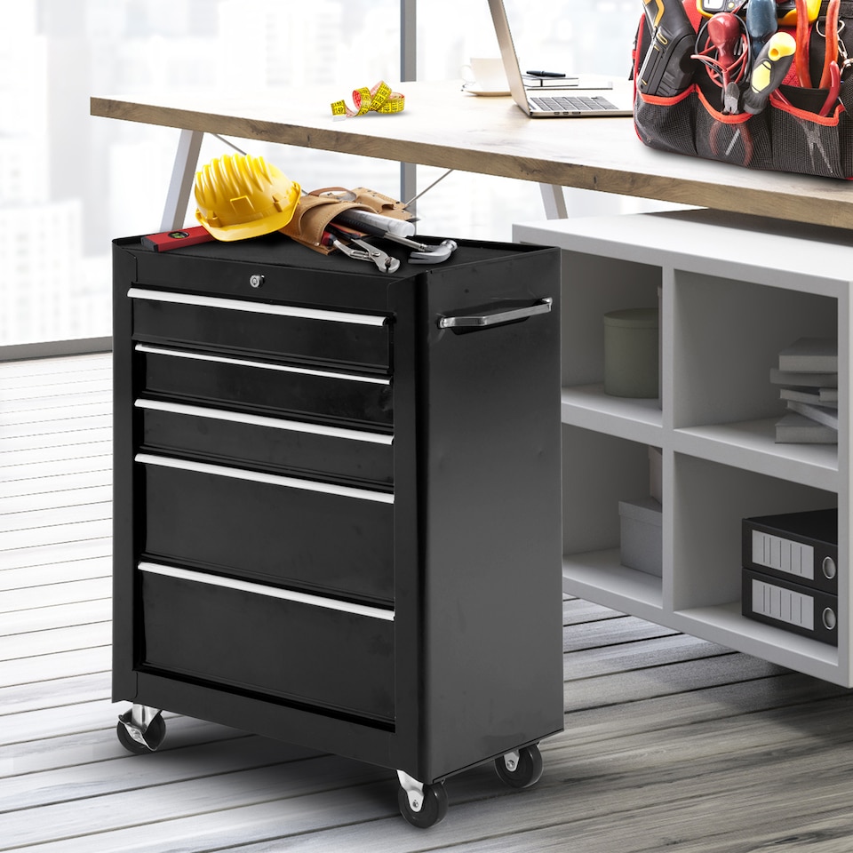image 1 of HOMCOM 5-Drawer Lockable Steel Tool Storage Cabinet with Wheels Handle 2 Keys Organisation BoUnit Chest Garage DIY Workshop Trolley Black | Black