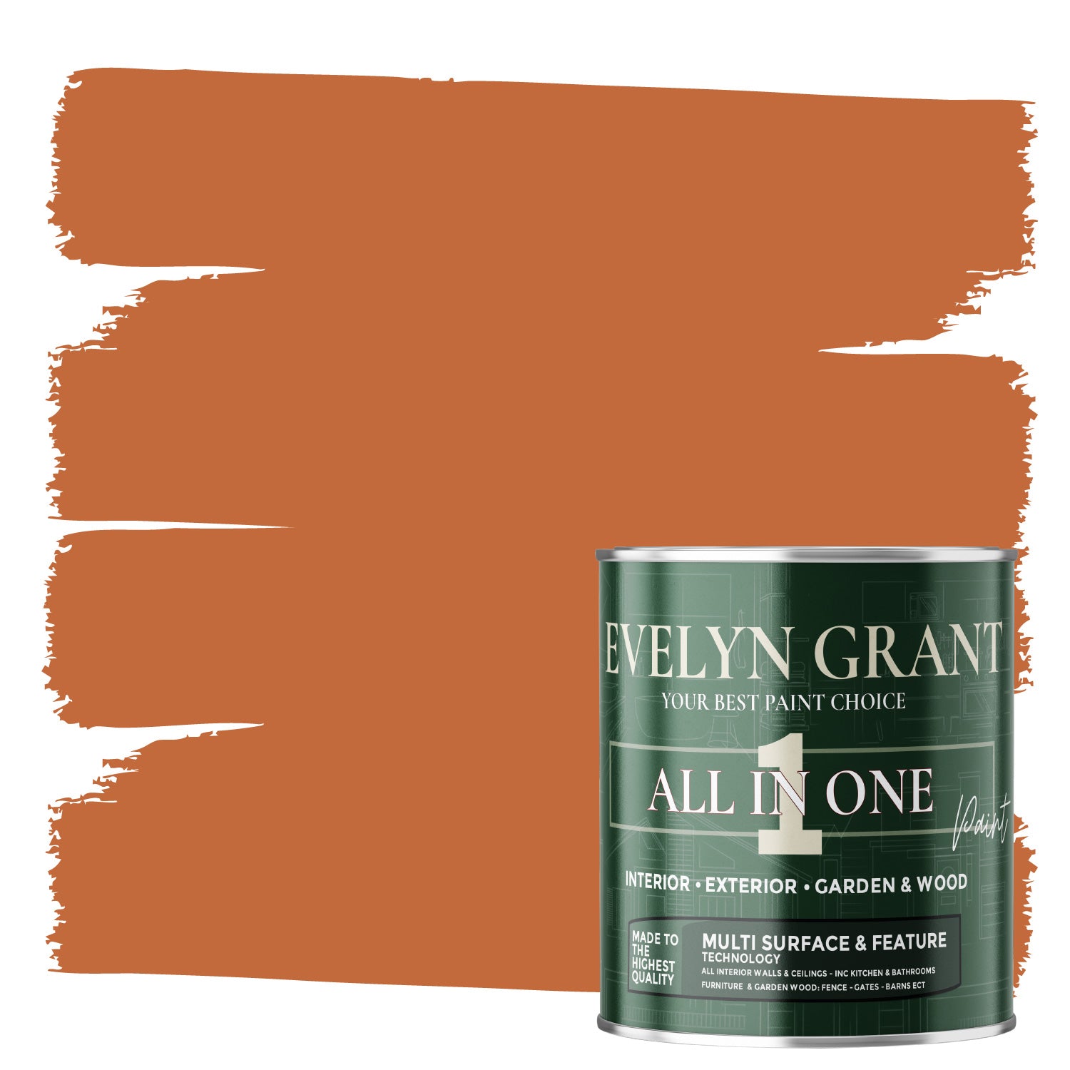 EVELYN GRANT All-in-One Paint & Primer - Multi-Surface for Walls, Wood, Interior & Exterior - Terracotta Tiles - 1L - Matt