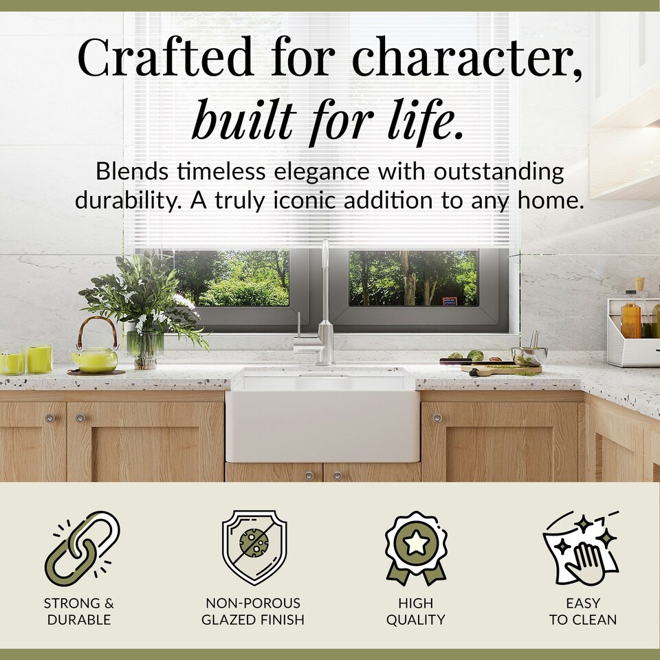 image 1 of 595mm - Single Bowl Fireclay Butler Kitchen Sink - Tap Ledge