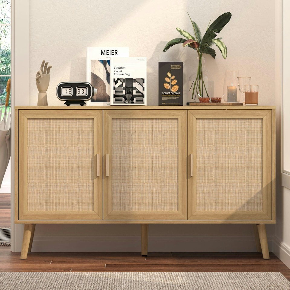 image 1 of Sideboard 3 Rattan Doors Solid Wooden Legs Cabinet Home Living Room Furniture