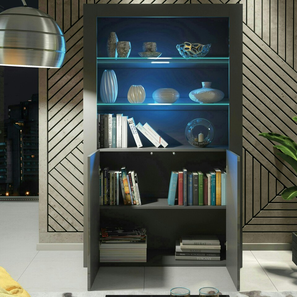 image 1 of Display Cabinet 100cm Grey Gloss Doors Dark Matt Body Free LED Grey