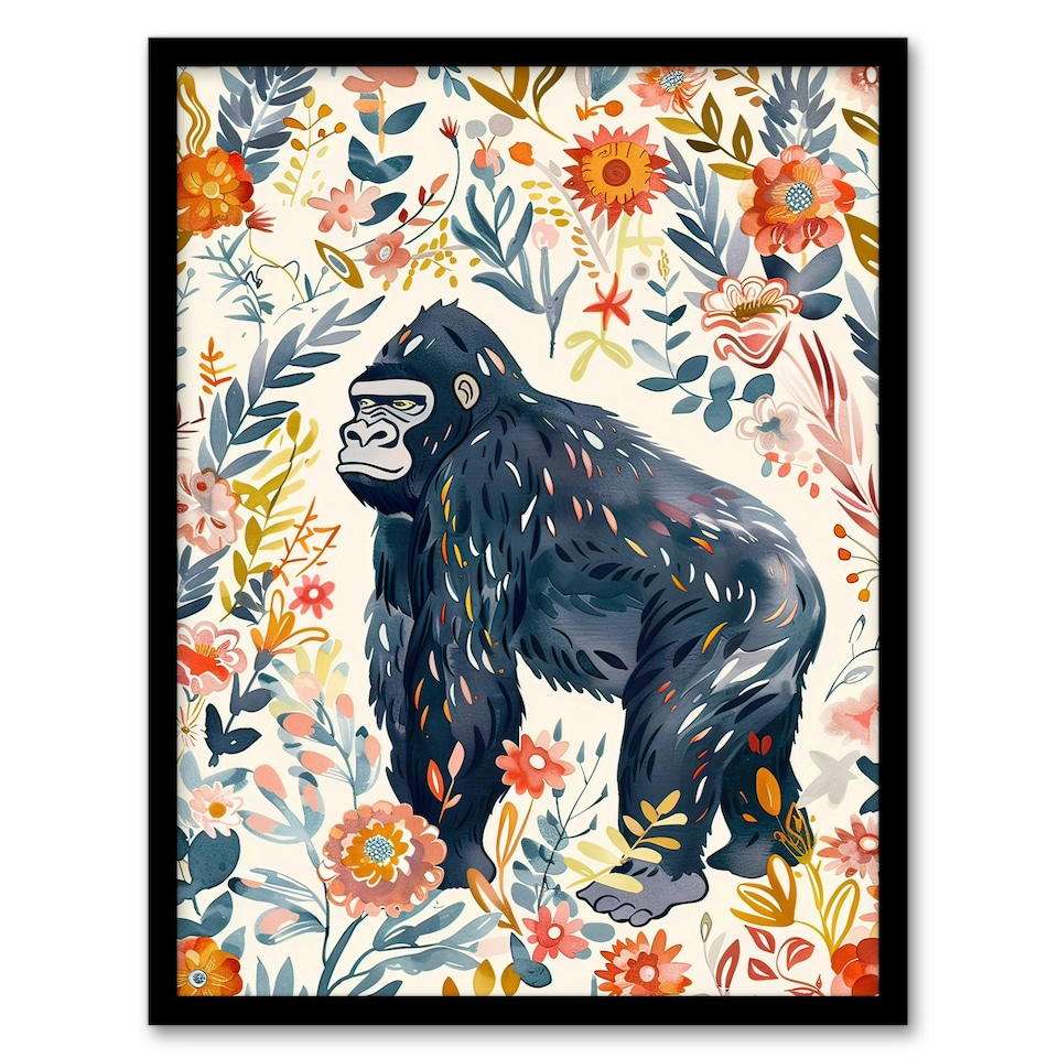 image 1 of Gorilla Ape with Wildflowers Floral Watercolour Black Framed Wall Art Print A4