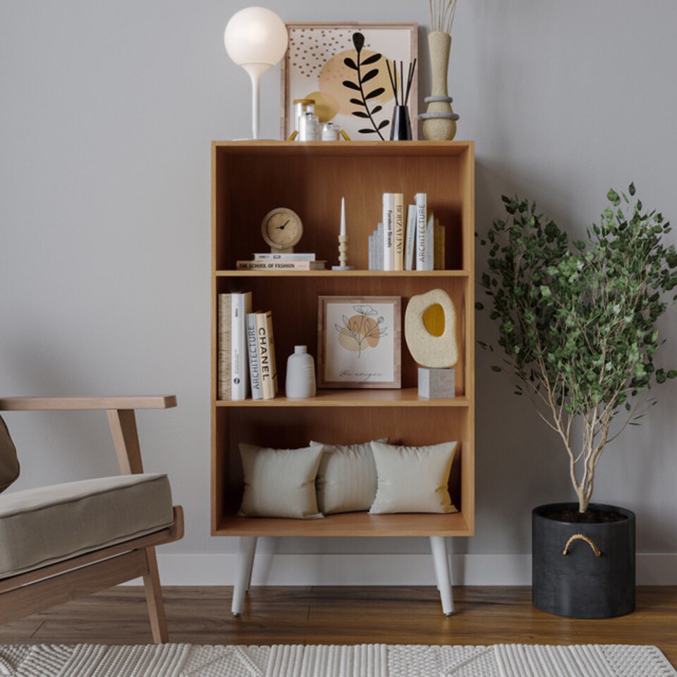 image 1 of URBNLIVING 3 Tier Wide Bookcase With Scandinavian Style Legs | Multi | Beech Bookcase & White Leg | 1