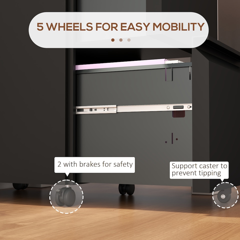 image 1 of Vinsetto 2-Drawer Mobile Filing Cabinet, Steel Lockable File Cabinet for Letter, A4 and Legal Size, Pre-Assembled Body, Black