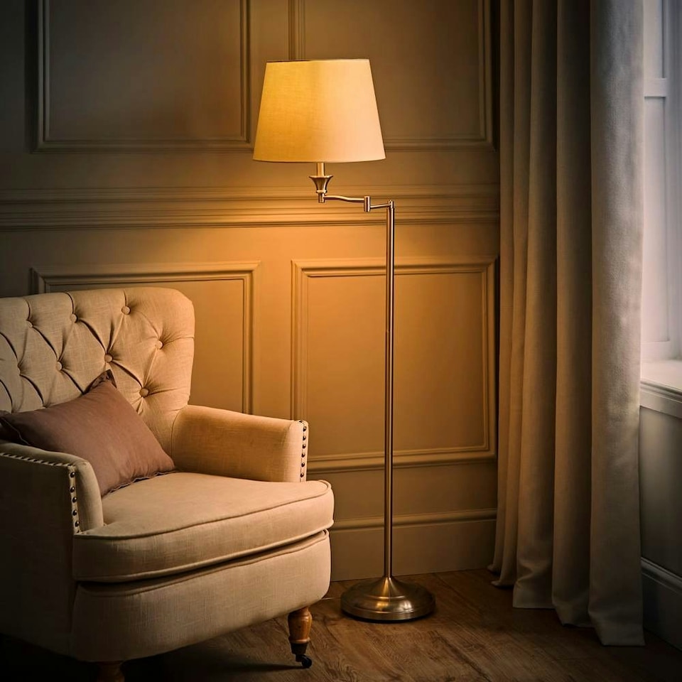 image 1 of ValueLights Sinatra Brushed Silver Floor Lamp with Medium Cream Tapered Shade and LED Bulb