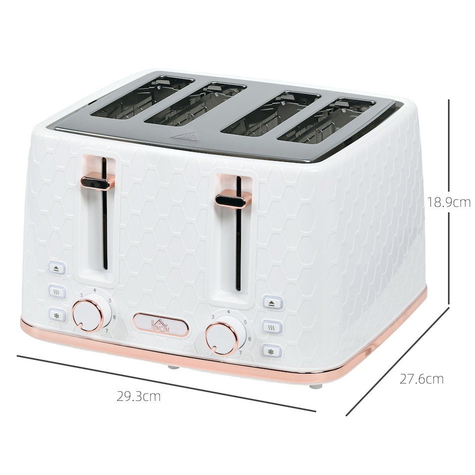 image 1 of HOMCOM 4 Slice Toaster with 7 Browning Levels, High Lift, ReheatDefrostCancel, Self-centring Function, Removable Crumb Tray, Auto Off, 1600W, White Honeycomb Texture | White | Pink accents
